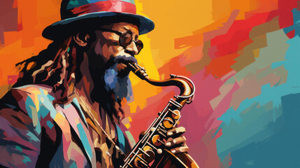 abstract expressionist art style of portrait of man reggae cheerful blow the saxophone