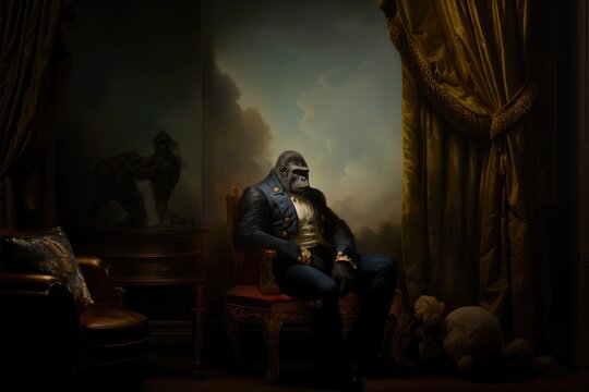 Gorilla, Napoleonic, Soldier, Official, Room, Curtain, 1800, 3d Ironic portrait. THE GENERAL. A retired army official gorilla sitting in a dark room. He's now only the memory of the commander who was.