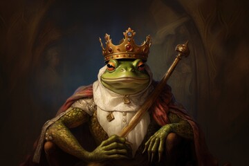 Toad, Frog, Emperor, King, Ruler, Dressed, Medieval, Renaissance, Ironic portrait. AT THE COURT OF HIS MAJESTY THE THOAD. A severe green toad dressed up as a king in perfect renaissance style.
