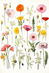Simple, clean botanical illustration of assorted yellow, red, and pink wildflowers on a white background.
