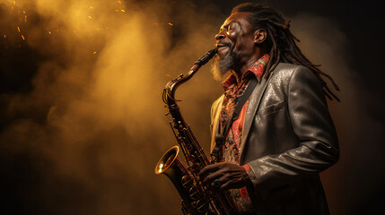 portrait of man reggae cheerful blow the saxophone - obrazy, fototapety, plakaty