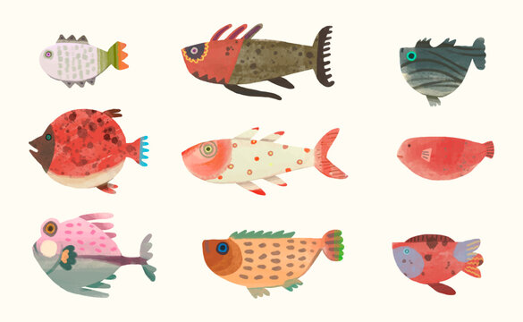 Fish, watercolor painting. animal cartoon vector illustration collection. isolated on a white background.	
