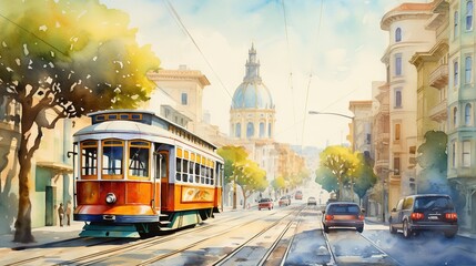  a painting of a trolley car on a street with buildings.  generative ai