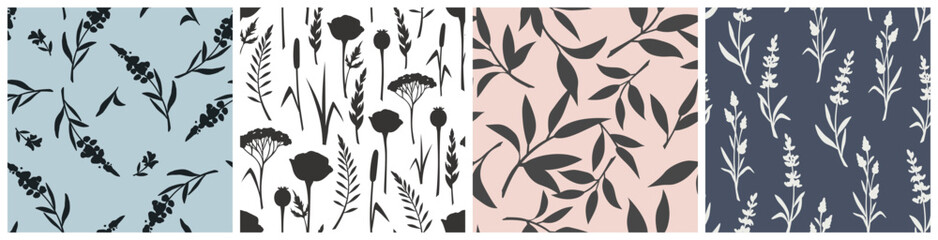 Set of four floral patterns with flowers and leaves in blue, pink, black, and white colors. Vector seamless floral prints