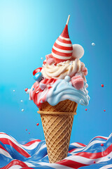 Ice Cream in a cone in colors of American flag. Generative Ai