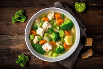 Chicken soup with broccoli,carrots on wooden background.