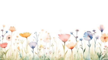  a watercolor painting of a field of flowers on a white background.  generative ai