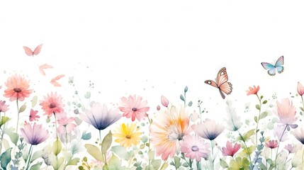  a watercolor painting of a field of flowers and butterflies.  generative ai
