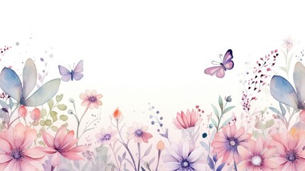  a watercolor painting of flowers and butterflies on a white background.  generative ai