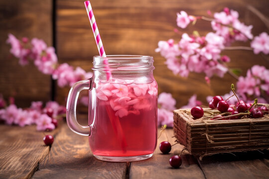 Cherry juice with cherry blossoms on wooden background.