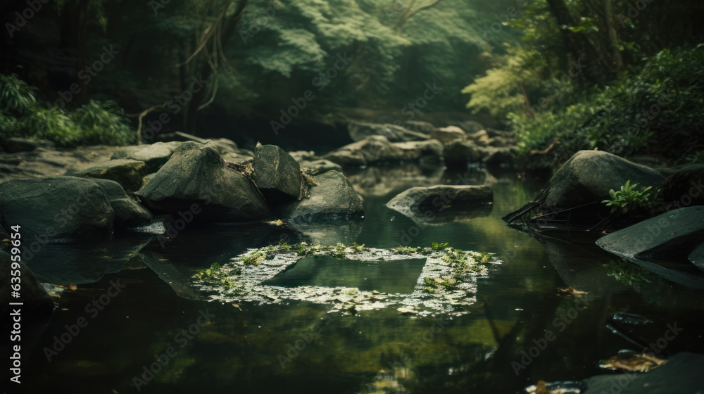 Poster abstract icon representing the ecological call to recycle and reuse in the form of a pond with a rec