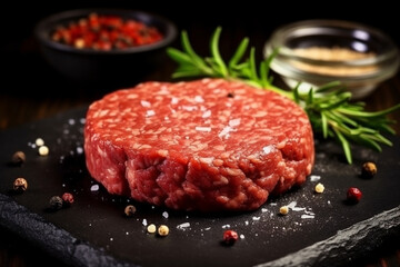 Fresh minced beef burger with spices on black background.