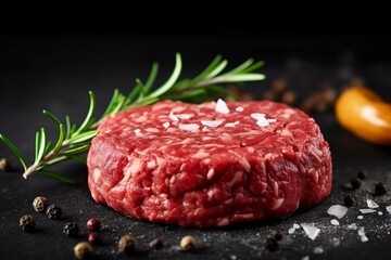 Fresh minced beef burger with spices on black background. - obrazy, fototapety, plakaty