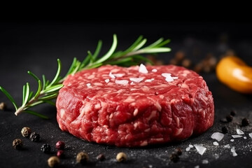 Fresh minced beef burger with spices on black background.