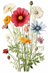Simple, clean botanical illustration of assorted red, orange, blue, and white wildflowers attached to stems on a white background.