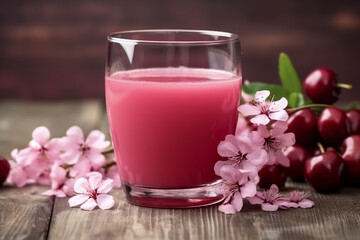 Obraz na płótnie Canvas Cherry juice with cherry blossoms on wooden background.