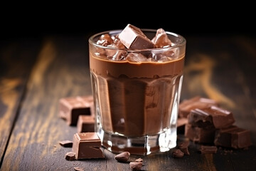 Ice coffee with chocolate on wooden background.