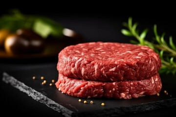 Fresh minced beef burger with spices on black background. - obrazy, fototapety, plakaty
