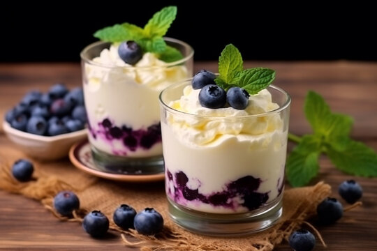 Lemon Cheesecake with blueberries,whipped cream,mint leaf on wooden background.
