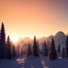 coniferous forest on the background of mountain at sunset