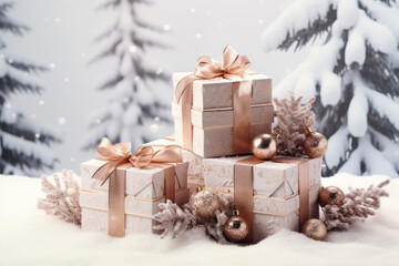 Boxes with Christmas gifts tied with ribbons. Trees in the background. New Year card. White snow back.