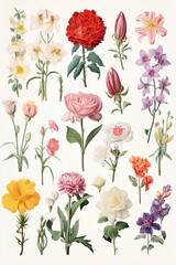 Simple, clean botanical illustration of assorted yellow, red, pink, and purple flowers on a white background.