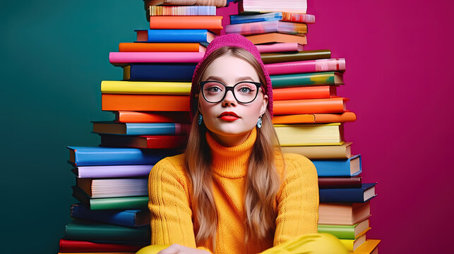 Cute girl with glasses sitting surrounded by the books. Books around the schoolgirl in colorful scene.