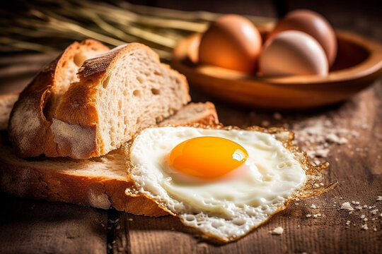 Bread with ears of wheat, fried eggs on wooden background.