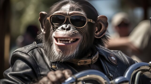 Chimpanzee monkey in a leather jacket and sunglasses on a motorcycle