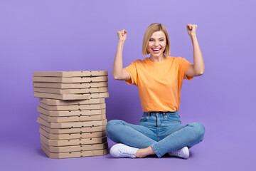Photo banner advertisement of young screaming woman raised fists up hooray delivery carton pizza...