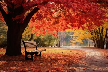 a peaceful park bench in a park with trees - obrazy, fototapety, plakaty