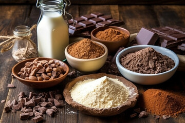 Ingredients for making chocolate on wooden background. - obrazy, fototapety, plakaty