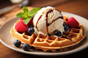 Waffles with berries and ice cream on wooden background.