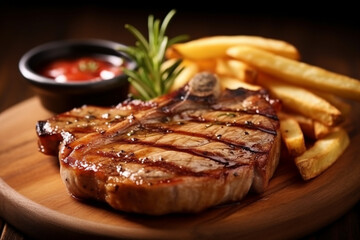 Grilled pork steak with french fries on wooden background. - obrazy, fototapety, plakaty