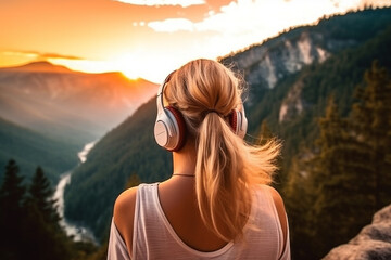 Woman listens to music with mountain background .