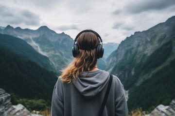 Woman listens to music with mountain background .