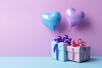 Heart shaped blue and purple balloons on pastel color background.