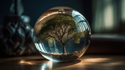 Obraz na płótnie Canvas A glass ball with a tree inside a nice world earth and water day concept