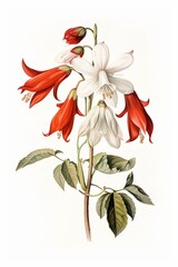 Simple, clean botanical illustration of red and white lily flowers attached to stems on a white background.