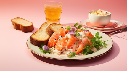  a plate of salmon and bread with a glass of beer.  generative ai