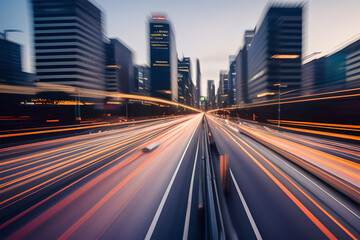 The motion blur of a busy urban highway during the evening rush hour. The city skyline serves as the background. Outside view