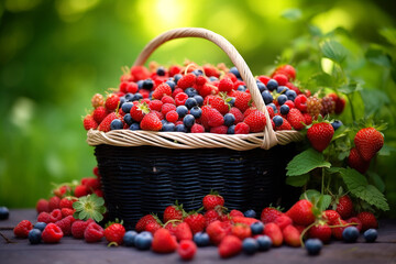 Fototapeta na wymiar Blueberry and strawberry in wicker basket on garden background.