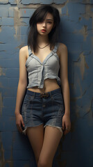 Fototapeta premium Pretty asian teenage girl standing on a wall with bricks wearing jeans shorts