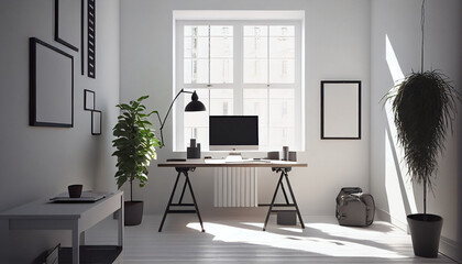 Home office for remote work. White walls with desk and sunlight rays streaming through windows. Bright minimalist interior, modern living room, Ai generated image 
