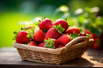 strawberry  in wicker basket on garden background.