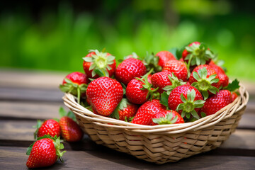 strawberry  in wicker basket on garden background.