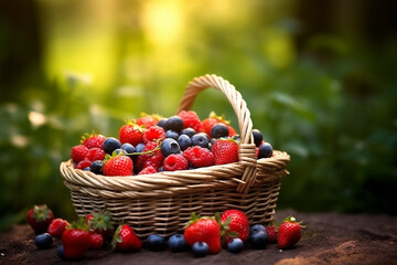 Blueberry and strawberry in wicker basket on garden background.