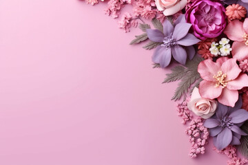 Fototapeta na wymiar Pink flower frame on pink pastel background.
