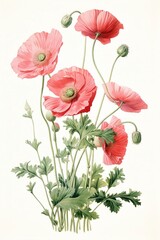 Simple, clean botanical illustration of pink wildflowers attached to stems on an off-white background.
