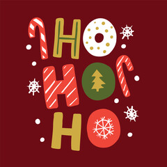 Phrase Ho Ho Ho with gingerbreads and candy canes on red